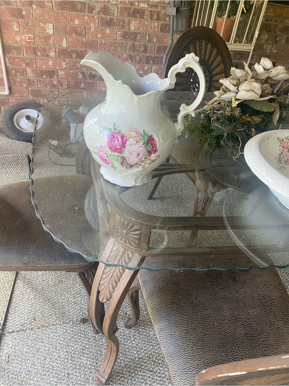 White Floral Ceramic Pitcher with Pink Rose Bouquet antique washbasin